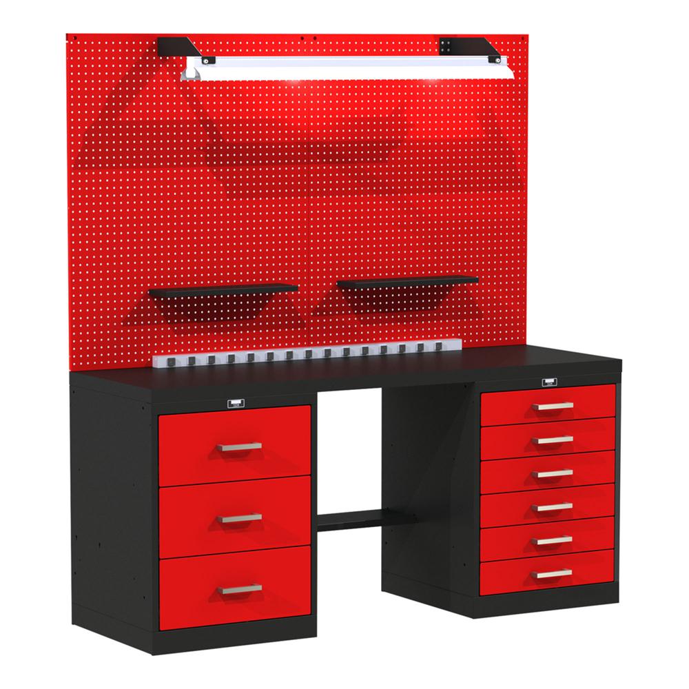 Fort Knox BASIC Modular Workbench System, 72"W x 24"D x 78"H, Black and Red (textured), With Steel Top. Picture 1
