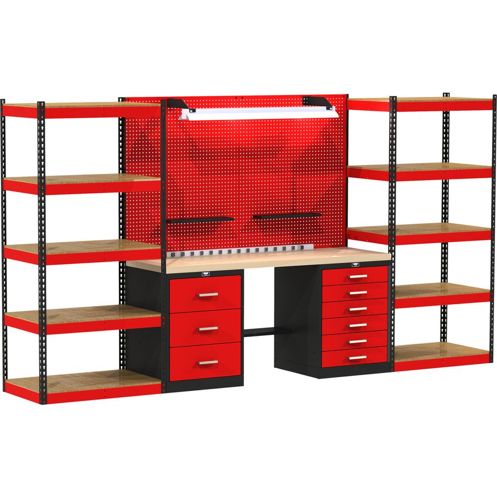 Fort Knox OPEN STORAGE Modular Workbench System, 168"W x 24"D x 78"H, Black and Red (textured), With Wood Top. Picture 1