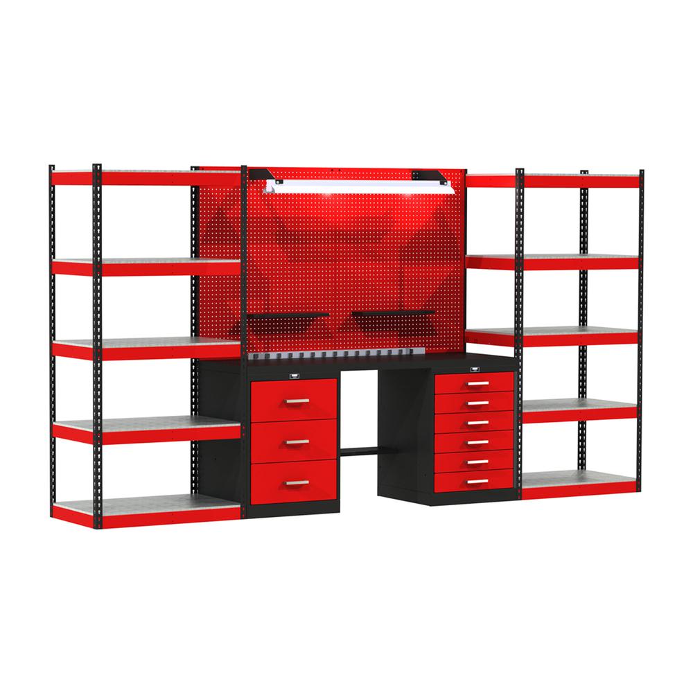 Fort Knox OPEN STORAGE Modular Workbench System, 168"W x 24"D x 78"H, Black and Red (textured), With Steel Top. Picture 1