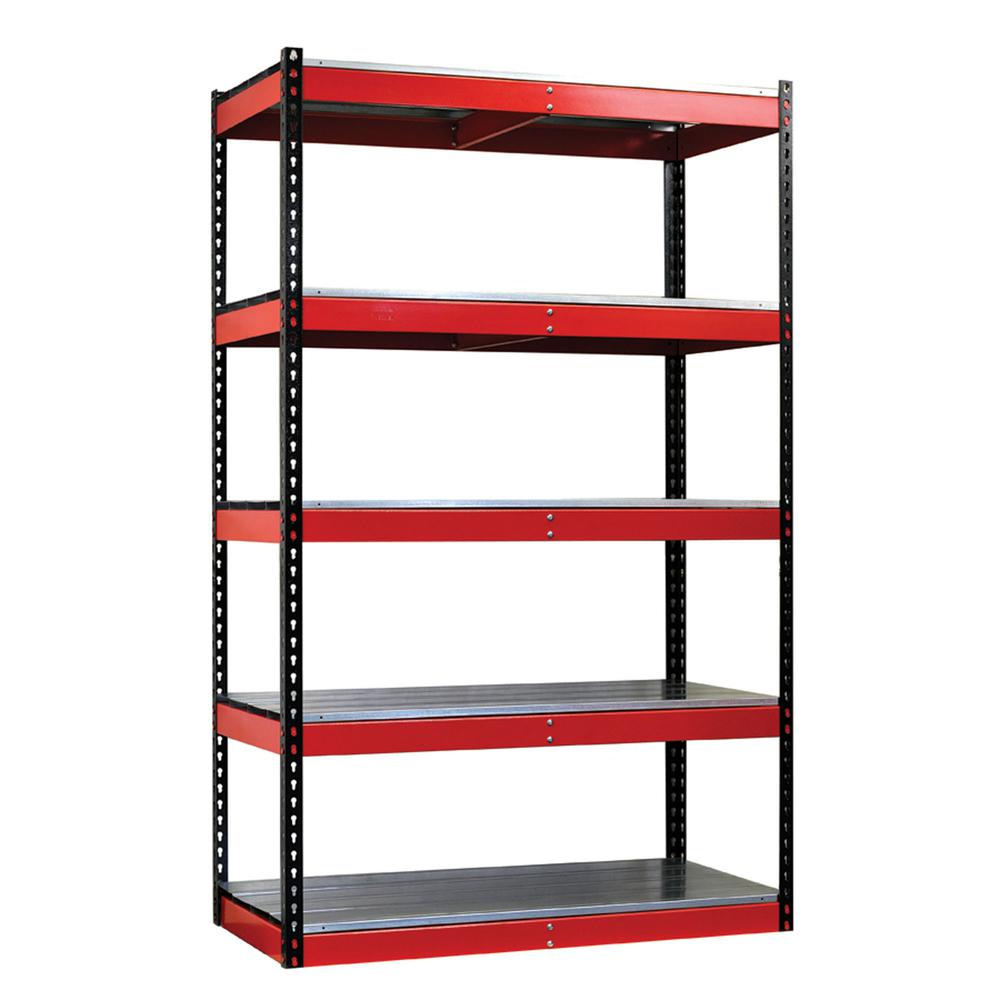 Fort Knox Rivetwell Shelving Unit with EZ Deck, 48"W x 24"D x 78"H, Black Posts, Red Beams (textured), 5 Levels, Starter, Knock-Down. Picture 1