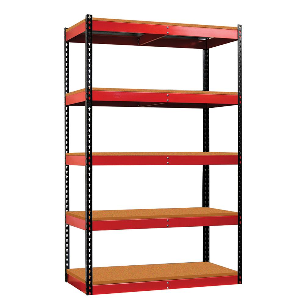 Fort Knox Rivetwell Shelving Unit with Particle Board Deck, 48"W x 24"D x 78"H, Black Posts, Red Beams (textured), 5 Levels, Starter, Knock-Down. Picture 1