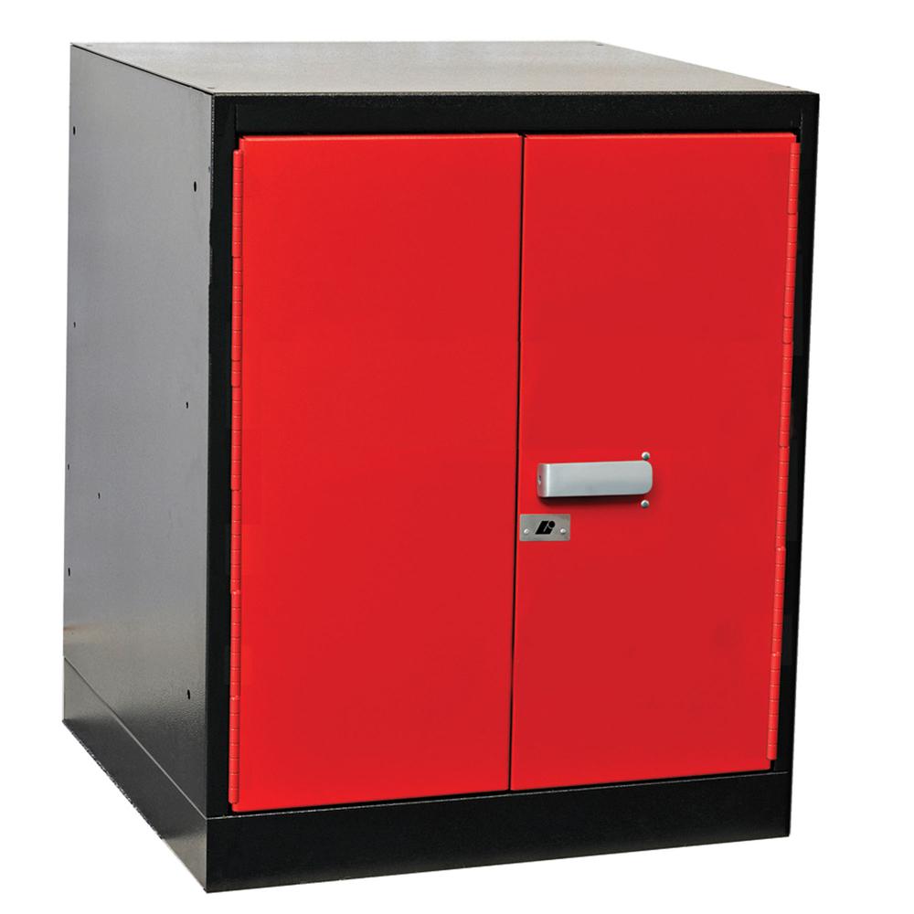 Fort Knox Workbench Pedestal - Doors, 24"W x 24"D x 32"H, Black Body, Red Doors (textured), 1-Wide, All-Welded. Picture 1