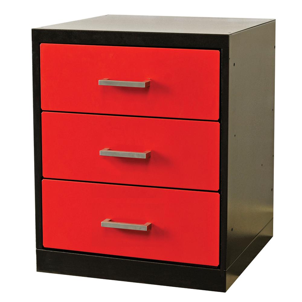 Fort Knox Workbench Pedestal - 3 Drawer, 24"W x 24"D x 32"H, Black Body, Red Doors (textured), 1-Wide, All-Welded. Picture 1
