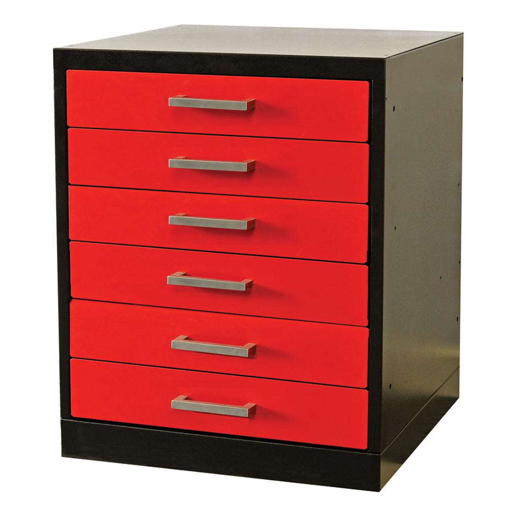 Fort Knox Workbench Pedestal - 6 Drawer, 24"W x 24"D x 32"H, Black Body, Red Doors (textured), 1-Wide, All-Welded. Picture 1