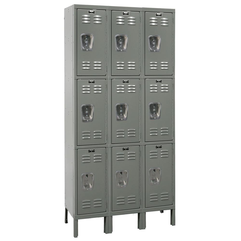 Hallowell Premium Locker, 36"W x 15"D x 78"H, 725 Dark Gray, Triple Tier, 3-Wide, Knock-Down. Picture 1