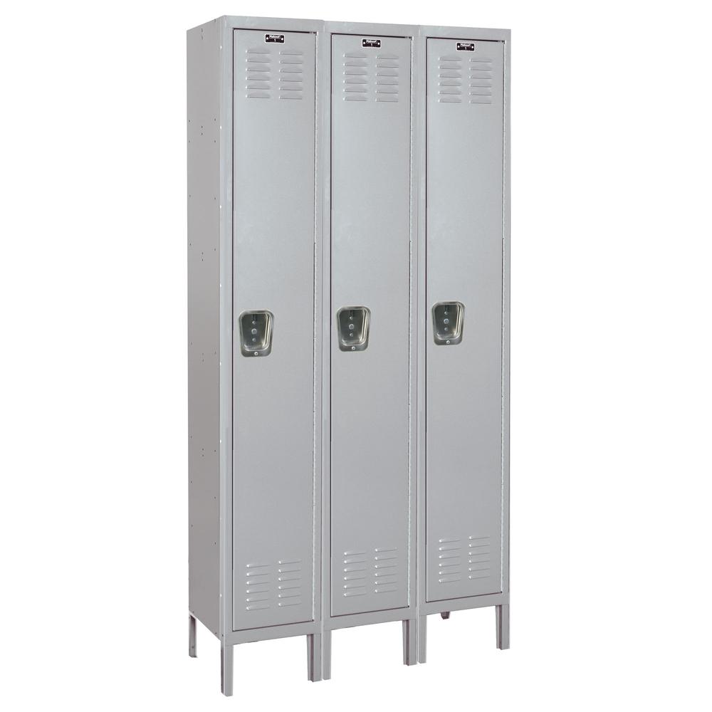 Hallowell MedSafe Locker, 45"W x 18"D x 78"H, 711 Light Gray - Antimicrobial, Single Tier, 3-Wide, Knock-Down. Picture 1