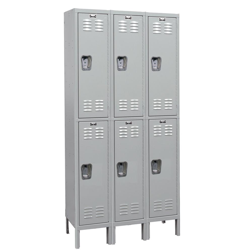 Hallowell MedSafe Locker, 45"W x 18"D x 78"H, 711 Light Gray - Antimicrobial, Double Tier, 3-Wide, Knock-Down. Picture 1