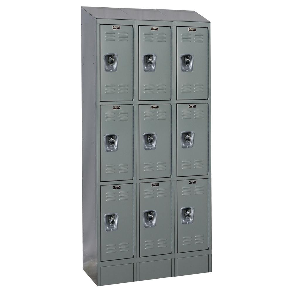Hallowell ReadyBuilt II Locker, 36"W x 15"D x 83"H, 725 Dark Gray, Triple Tier, 3-Wide, Assembled. Picture 1