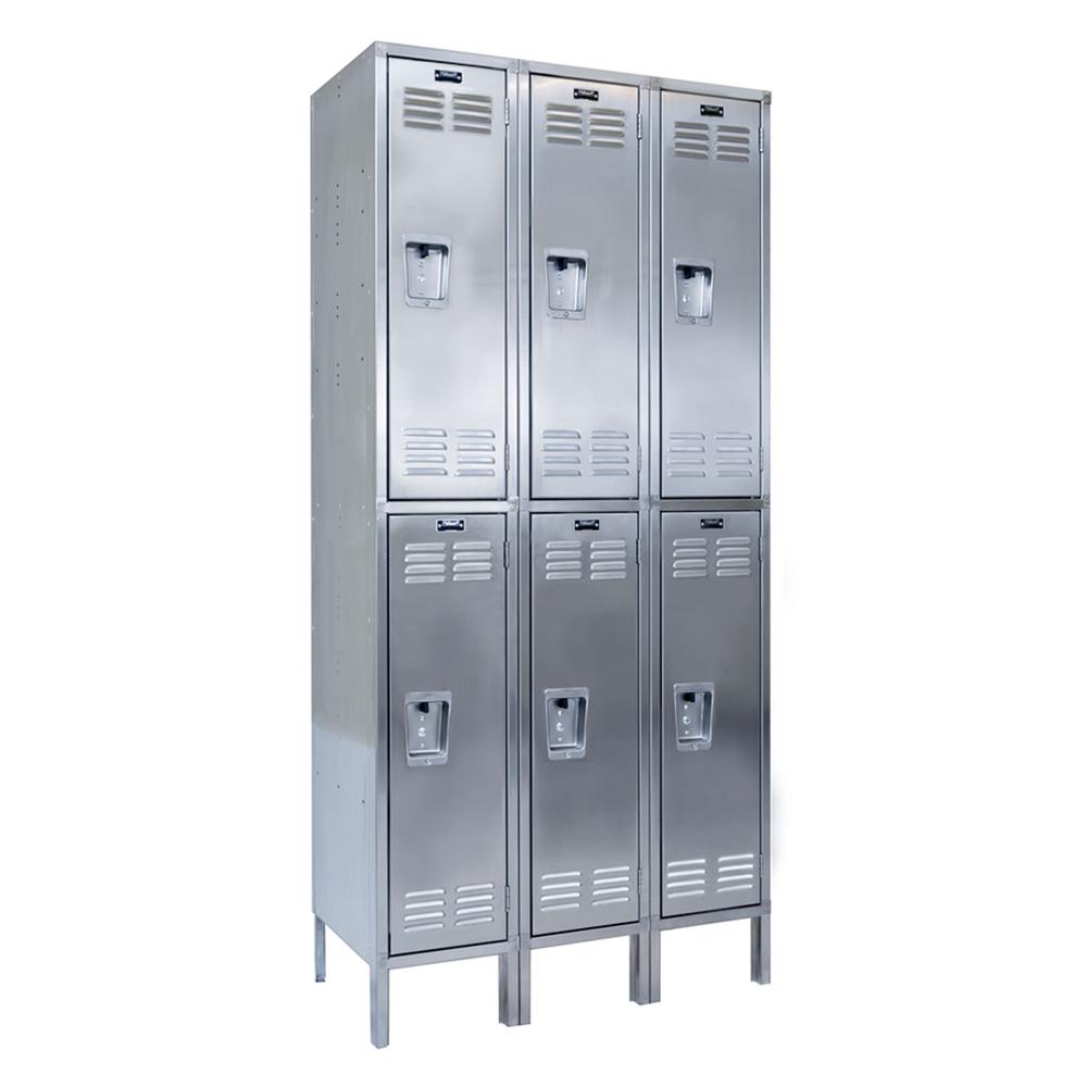 Hallowell 304 Stainless Steel Locker, 54"W x 18"D x 78"H, Stainless Steel, Double Tier, 3-wide, Knock-down. Picture 1