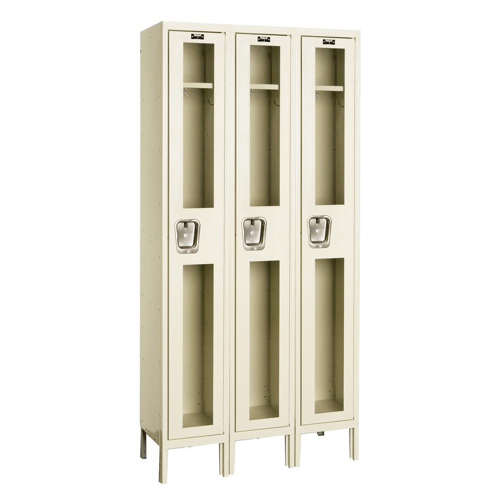 Hallowell Safety-View Locker, 36"W x 15"D x 78"H, 729 Tan, Single Tier, 3-Wide, Knock-Down. Picture 1
