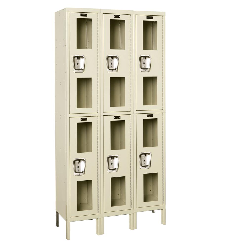 Hallowell Safety-View Locker, 36"W x 15"D x 78"H, 729 Tan, Double Tier, 3-Wide, Knock-Down. Picture 1