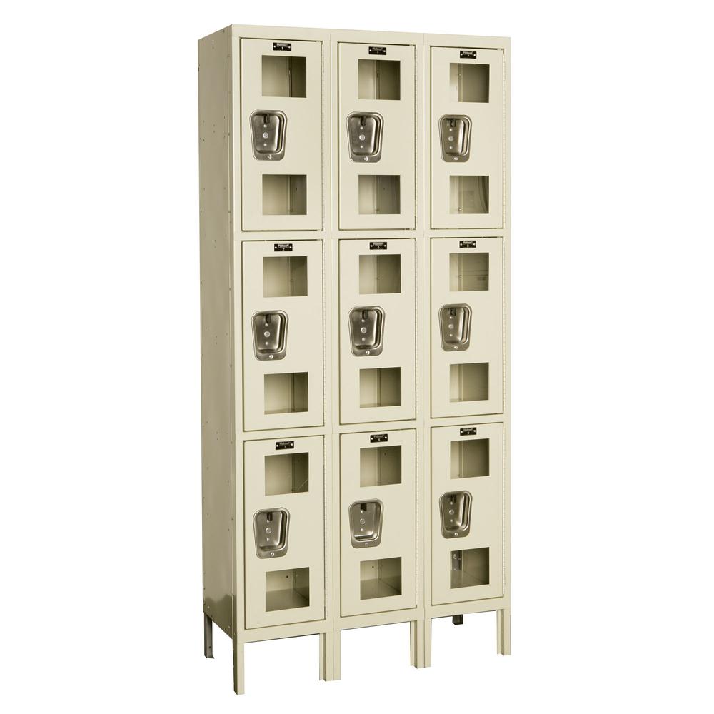Hallowell Safety-View Locker, 36"W x 15"D x 78"H, 729 Tan, Triple Tier, 3-Wide, Knock-Down. Picture 1