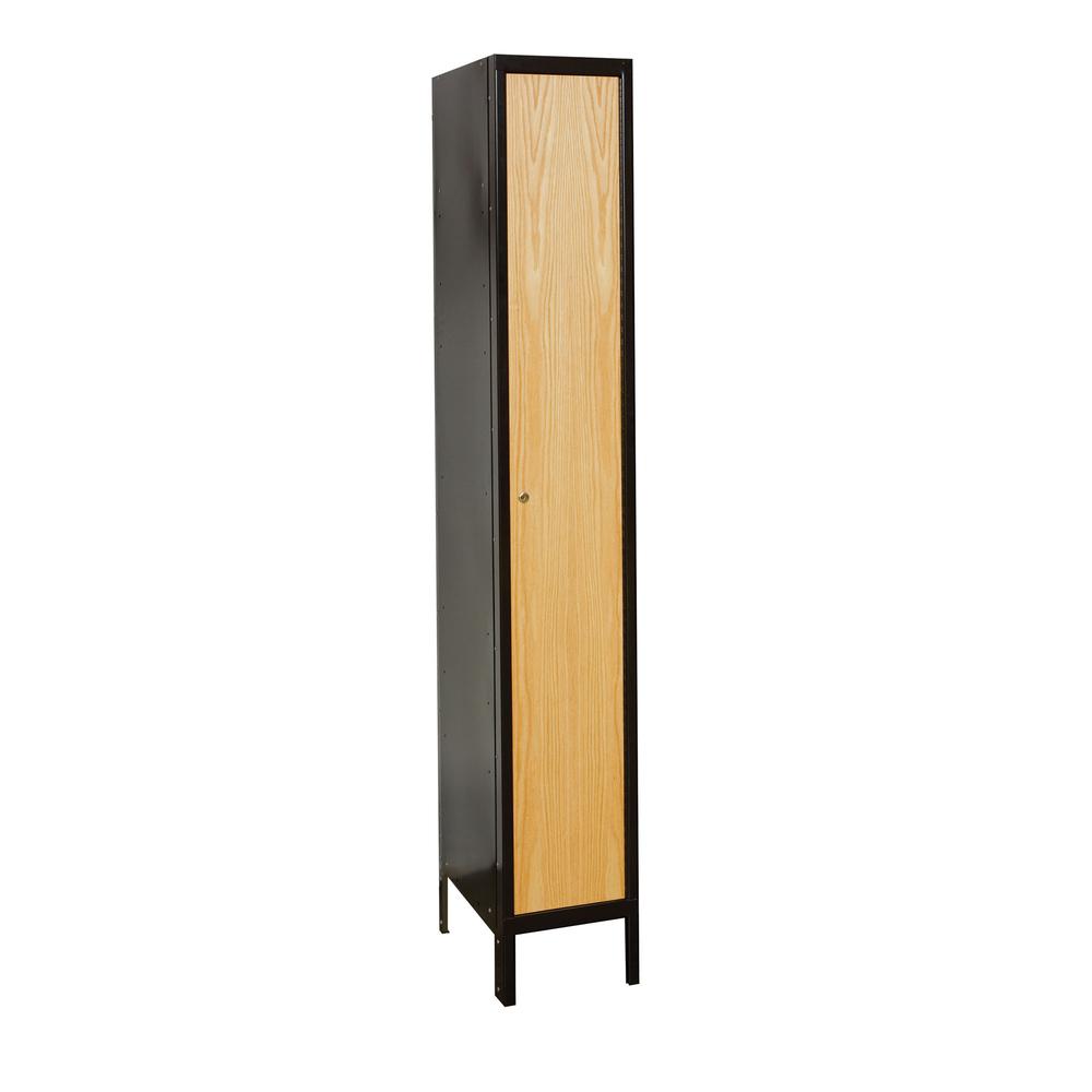 Hallowell Metal-Wood Hybrid Locker, 15"W x 18"D x 78"H, 708 Midnight Ebony Body and Frame with Red Oak Doors, Single Tier, 1-Wide, Knock-Down. Picture 1