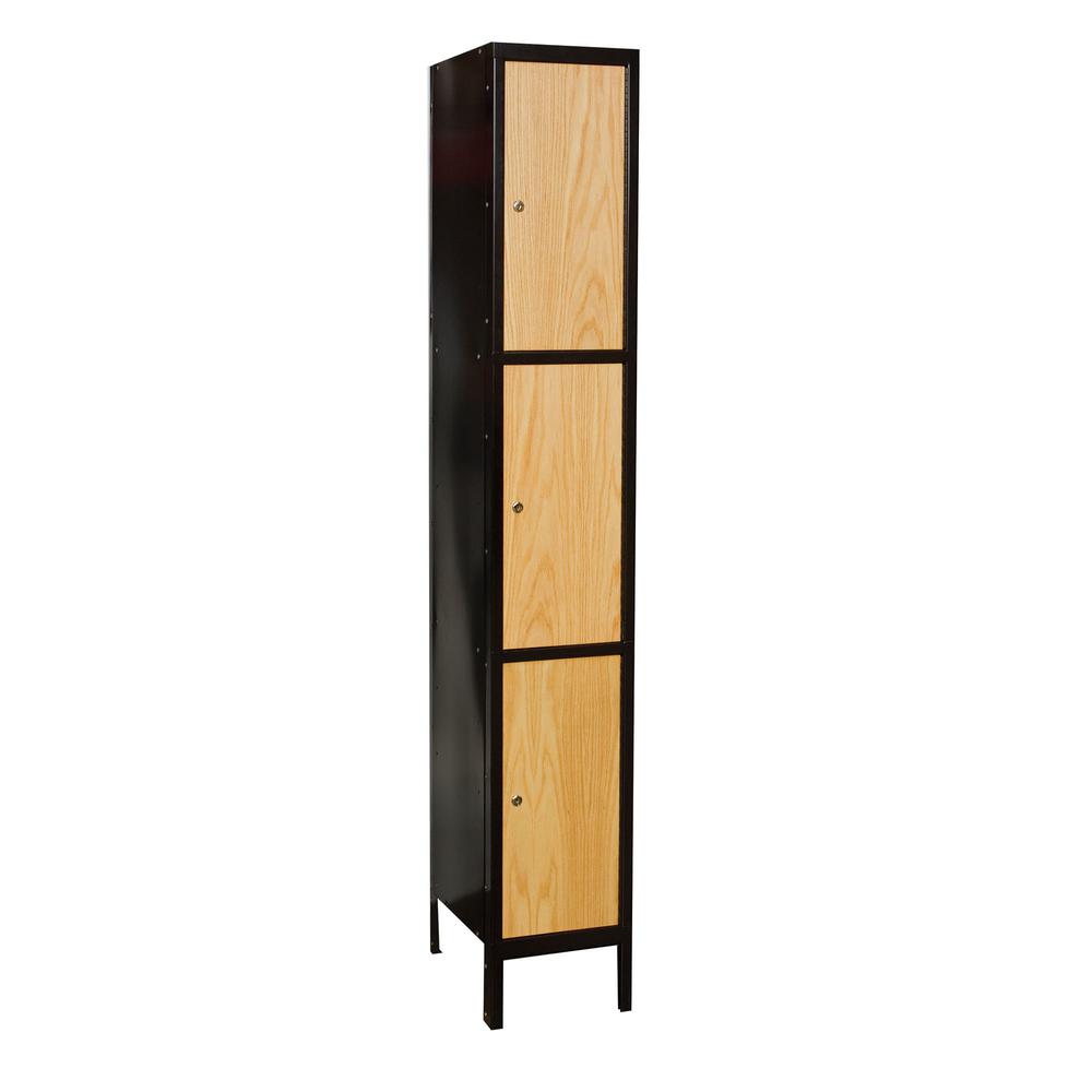 Hallowell Metal-Wood Hybrid Locker, 12"W x 18"D x 78"H, 708 Midnight Ebony Body and Frame with Red Oak Doors, Triple Tier, 1-Wide, Assembled. Picture 1