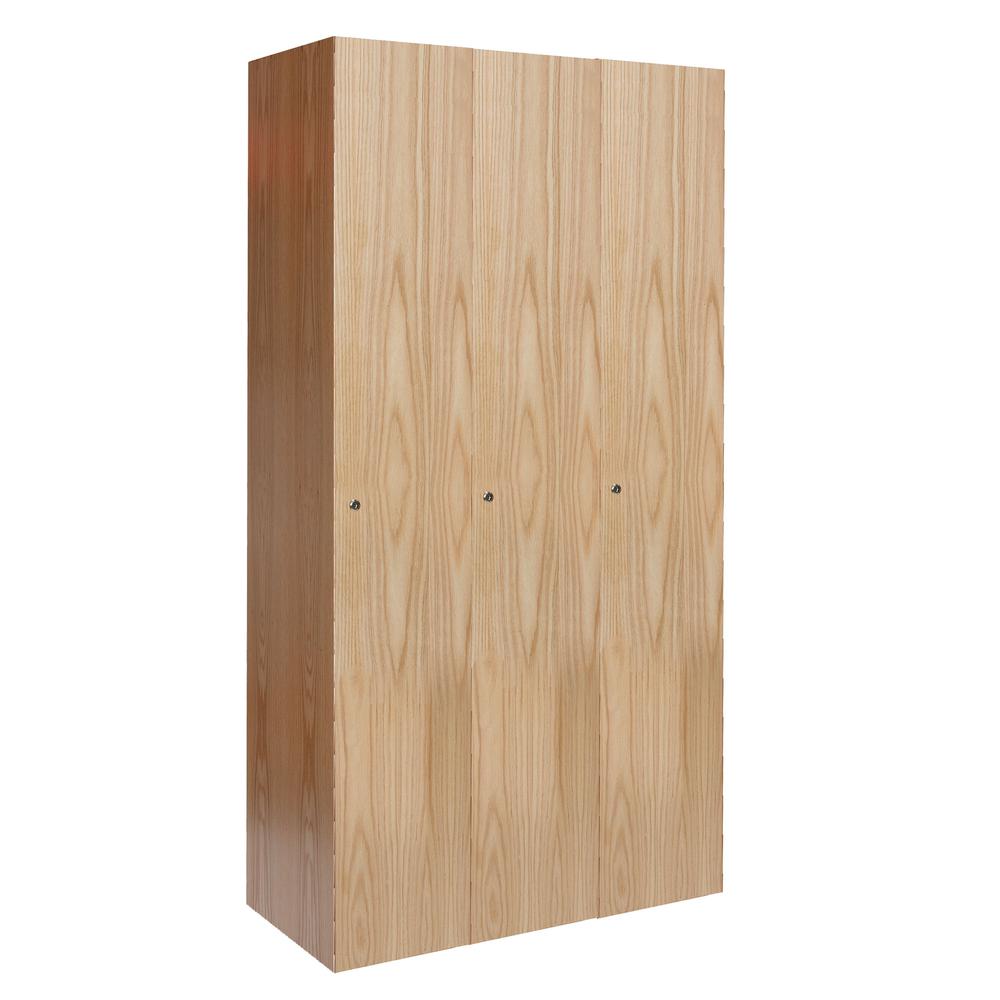 Hallowell All-Wood Club Locker, 45"W x 18"D x 72"H, Natural Red Oak with Clear Finish, Single Tier, 3-Wide, Assembled. Picture 1