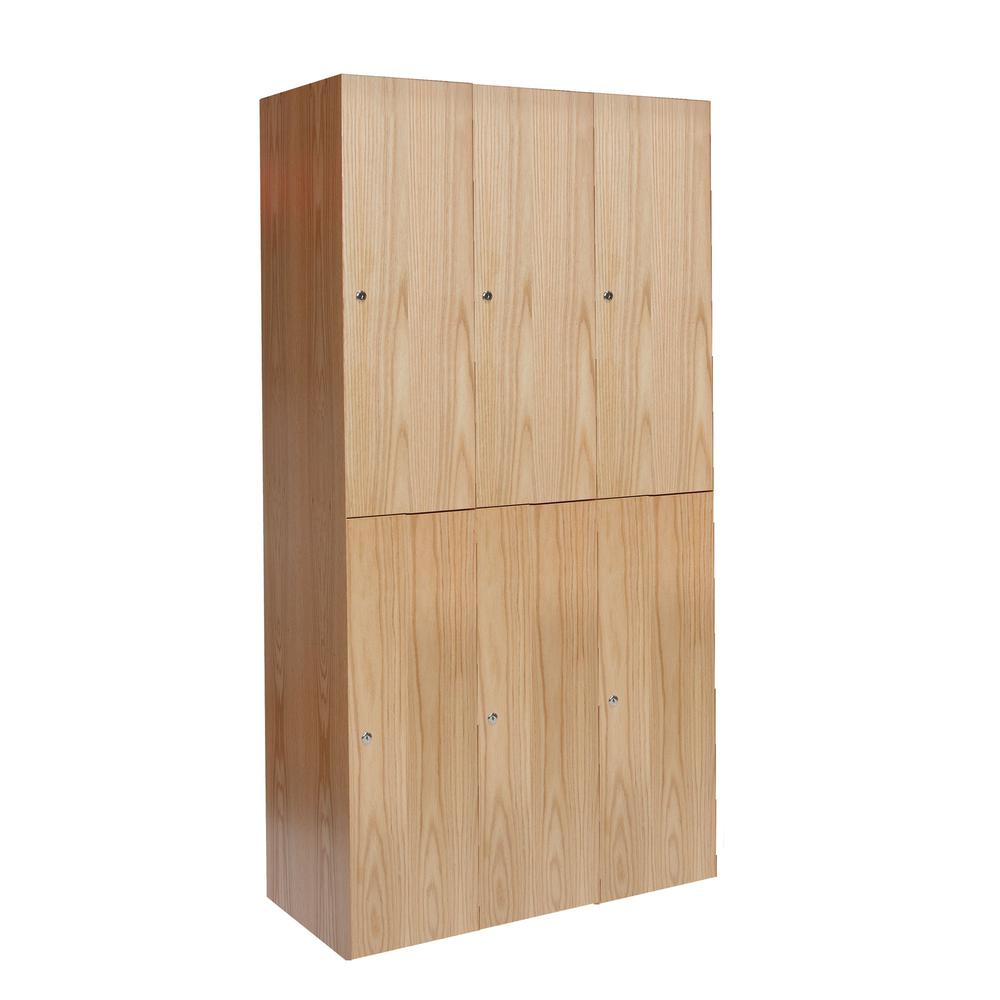 Hallowell All-Wood Club Locker, 45"W x 18"D x 72"H, Natural Red Oak with Clear Finish, Double Tier, 3-Wide, Assembled. Picture 1