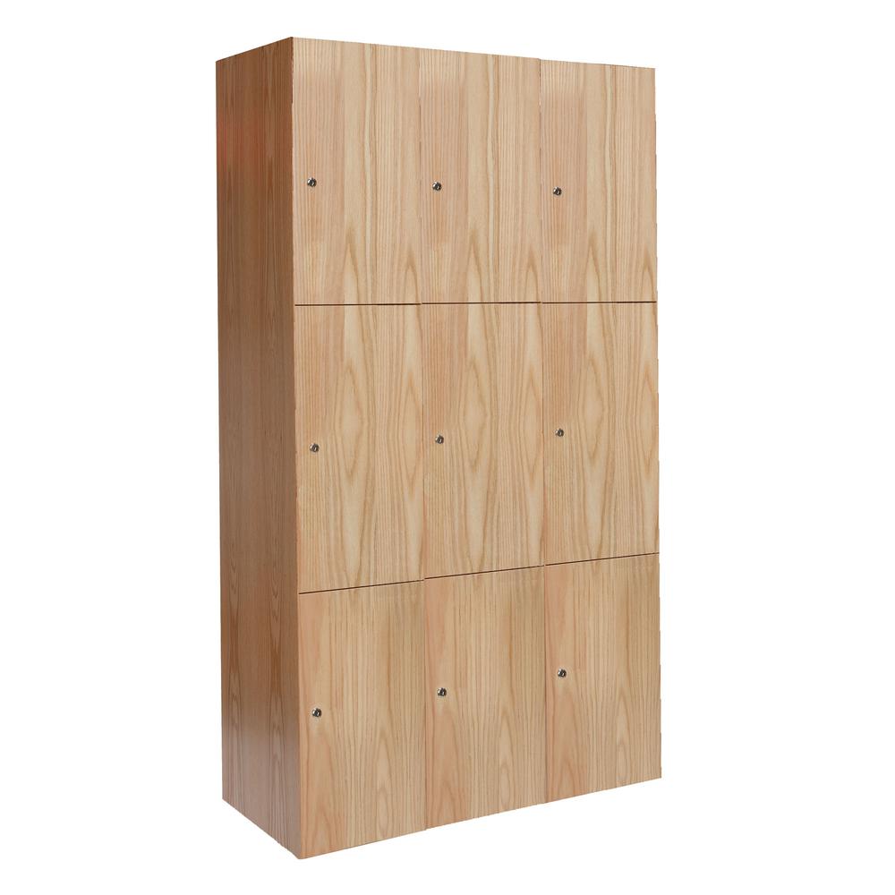 Hallowell All-Wood Club Locker, 45"W x 18"D x 72"H, Natural Red Oak with Clear Finish, Triple Tier, 3-Wide, Assembled. Picture 1