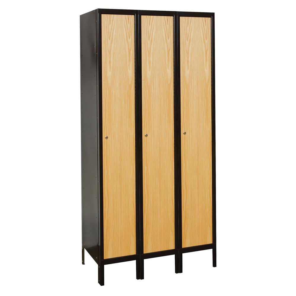 Hallowell Metal-Wood Hybrid Locker, 45"W x 18"D x 78"H, 708 Midnight Ebony Body and Frame with Red Oak Doors, Single Tier, 3-Wide, Knock-Down. Picture 1