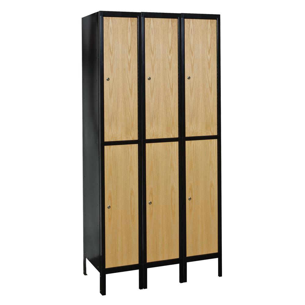 Hallowell Metal-Wood Hybrid Locker, 45"W x 18"D x 78"H, 708 Midnight Ebony Body and Frame with Red Oak Doors, Double Tier, 3-Wide, Knock-Down. Picture 1