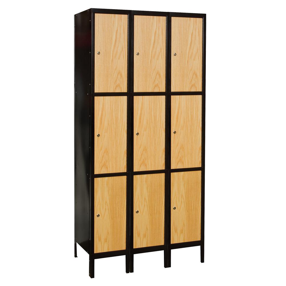 Hallowell Metal-Wood Hybrid Locker, 36"W x 18"D x 78"H, 708 Midnight Ebony Body and Frame with Red Oak Doors, Triple Tier, 3-Wide, Assembled. Picture 1