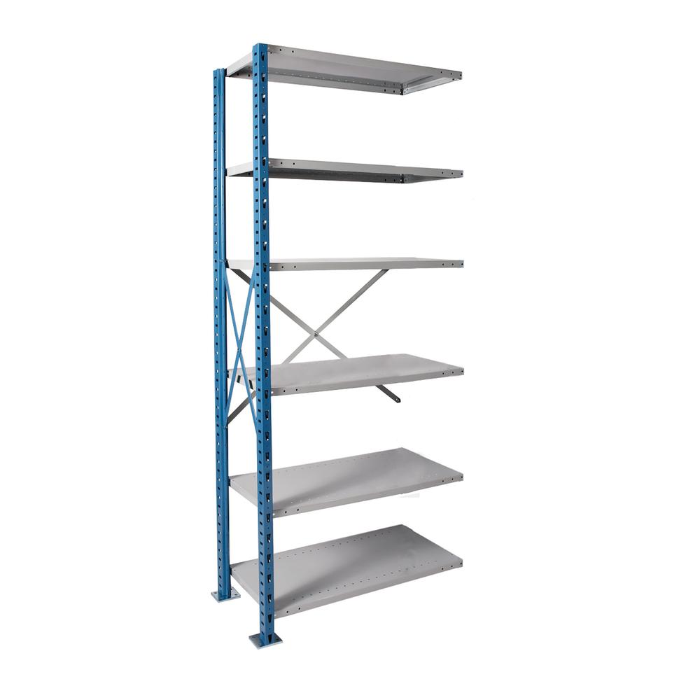 Hallowell H-Post High Capacity Shelving 36"W x 18"D x 87"H 707 Marine Blue Posts and Side Sway Braces/ 711 Light Gray Back Sway Braces and Shelves 6 Adjustable Shelves Add-on Unit Open Style with Sway. Picture 2