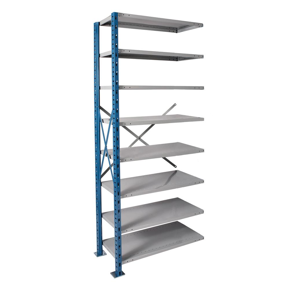 Hallowell H-Post High Capacity Shelving 36"W x 24"D x 87"H 707 Marine Blue Posts and Side Sway Braces/ 711 Light Gray Back Sway Braces and Shelves 8 Adjustable Shelves Add-on Unit Open Style with Sway. Picture 2