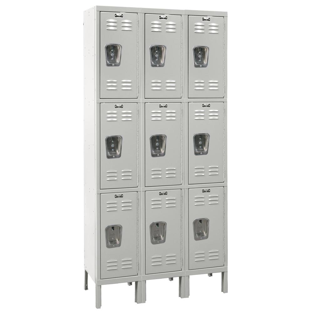 Hallowell Premium Locker, 36"W x 18"D x 78"H, 711 Light Gray, Triple Tier, 3-Wide, Knock-Down. Picture 1
