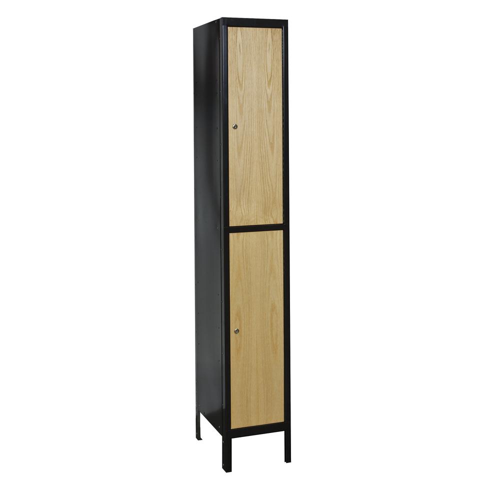 Hallowell Metal-Wood Hybrid Locker, 12"W x 18"D x 78"H, 708 Midnight Ebony Body and Frame with Red Oak Doors, Double Tier, 1-Wide, Assembled. Picture 1