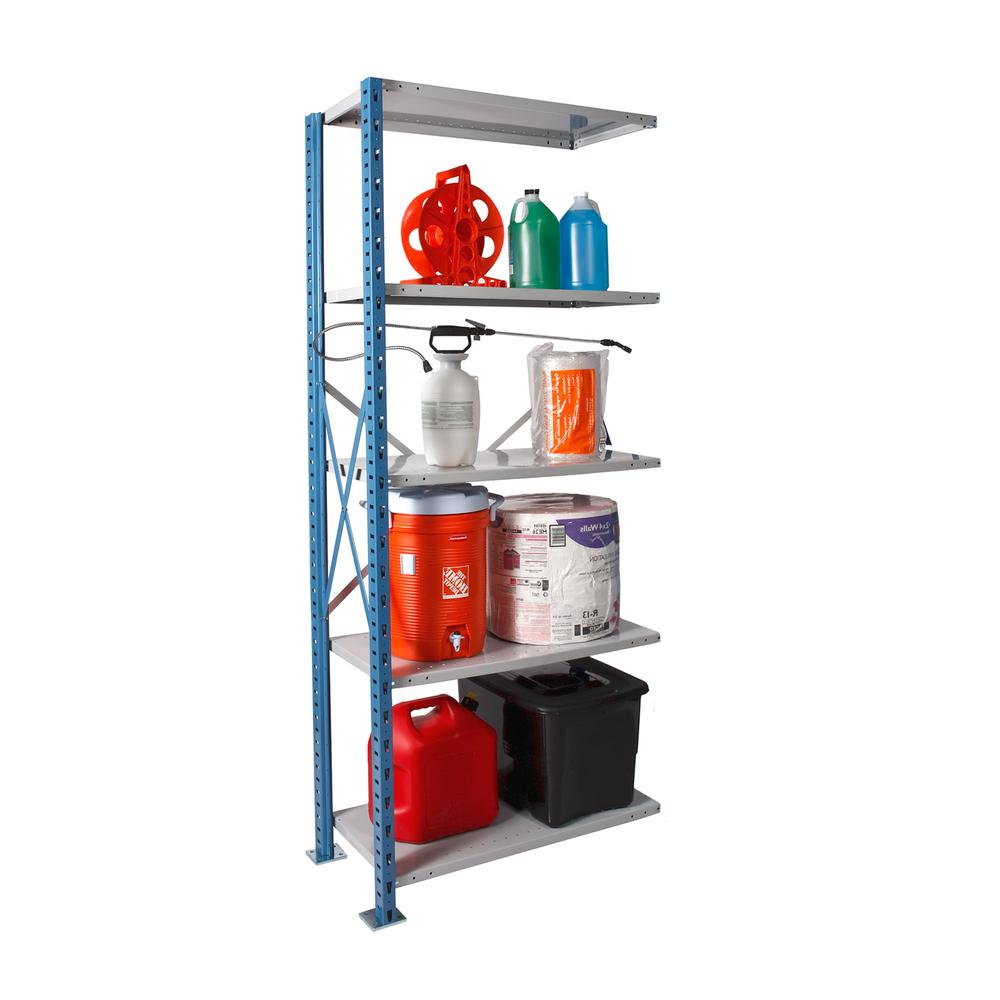 Hallowell H-Post High Capacity Shelving 36"W x 18"D x 87"H 707 Marine Blue Posts and Side Sway Braces/ 711 Light Gray Back Sway Braces and Shelves 5 Adjustable Shelves Add-on Unit Open Style with Sway. Picture 1