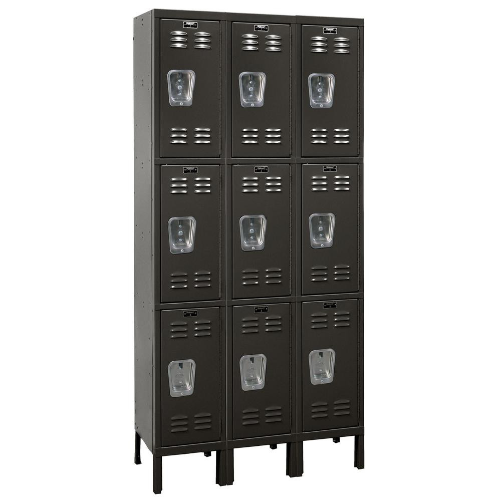 Hallowell Premium Locker, 36"W x 12"D x 78"H, 708 Black, Triple Tier, 3-Wide, Assembled. Picture 1