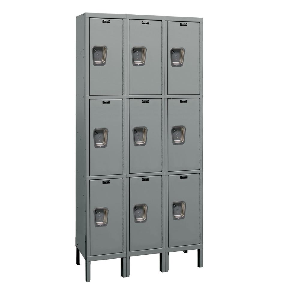 Hallowell Maintenance-Free Quiet (MFQ) Locker, 36"W x 12"D x 78"H, 725 Dark Gray, Triple Tier, 3-Wide, Assembled. Picture 1