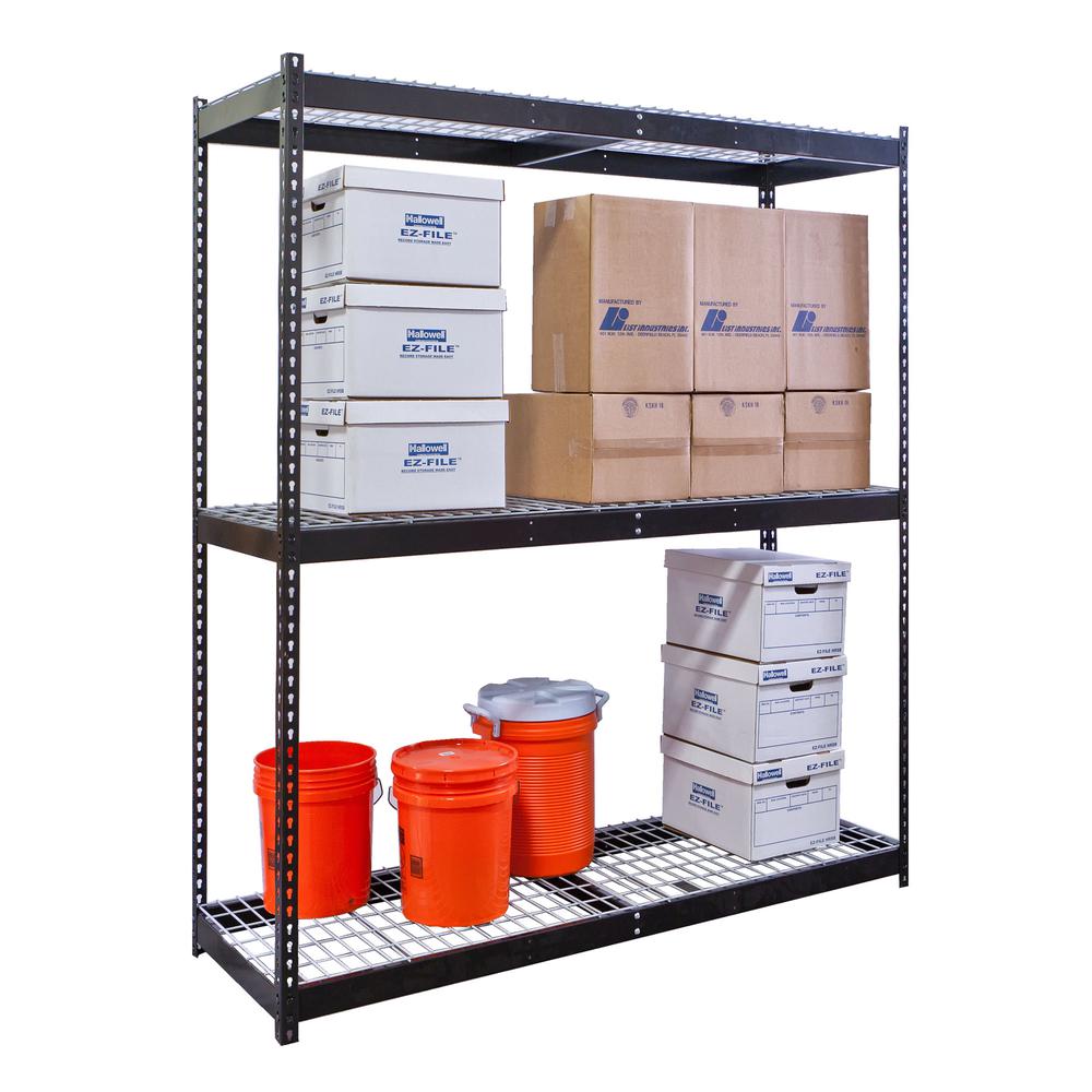 Rivetwell, Double Rivet Boltless Shelving with Center Support 60"W x 48"D x 84"H 708 Midnight Ebony 3 Levels Starter Unit Includes Wire Deck Decking. Picture 2