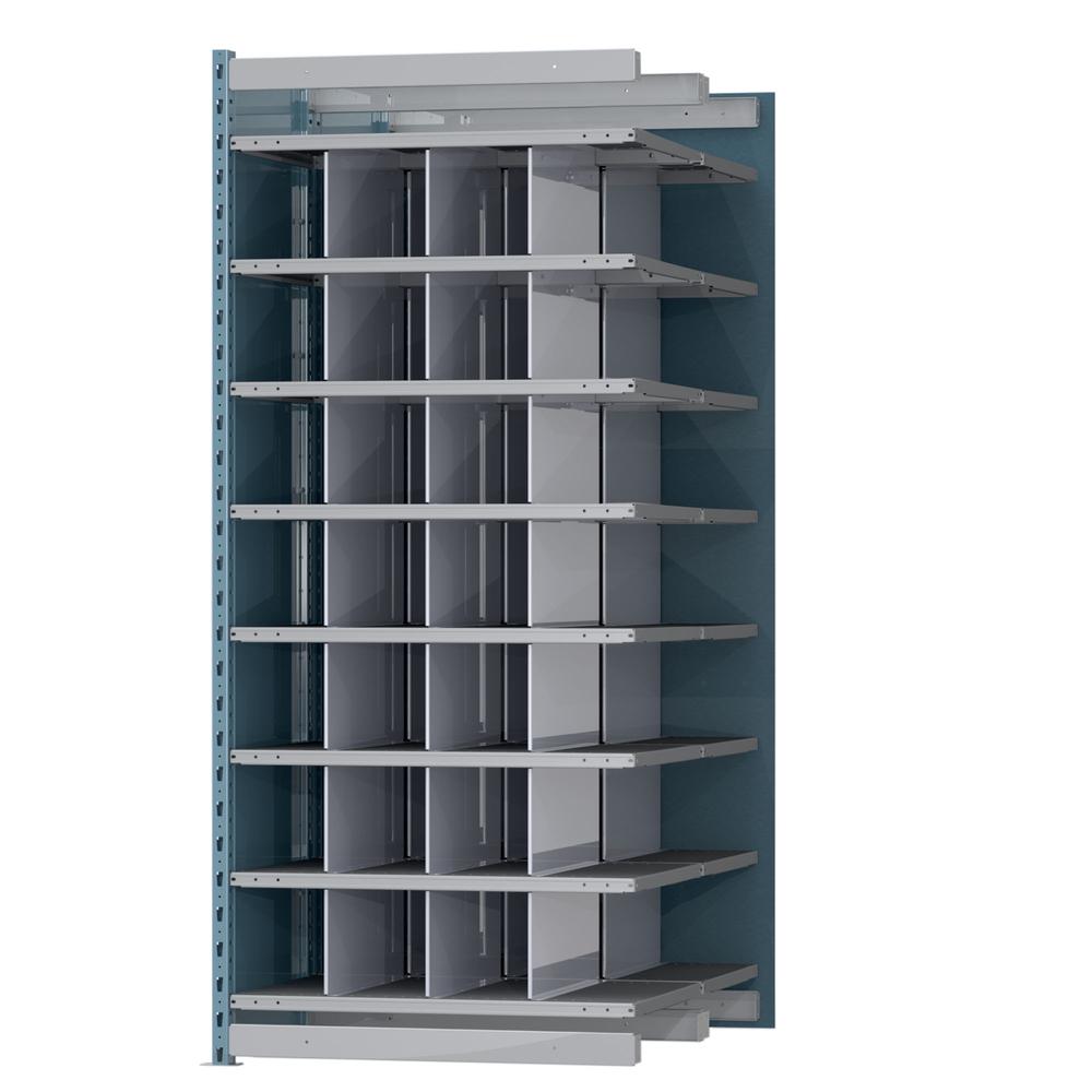Hallowell Deep Bin Shelving 36"W x 48"D x 87"H 707 Marine Blue Posts and Sides / 711 Light Gray Backs, Shelves and Dividers  8 Shelves Starter Unit Closed Style. Picture 1