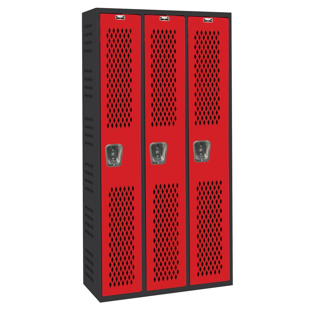PE / Gym Locker, 36"W x 18"D x 72"H, 708 Midnight Ebony Body and 721 Relay Red Doors, Single Tier, 3-Wide, All-Welded. The main picture.