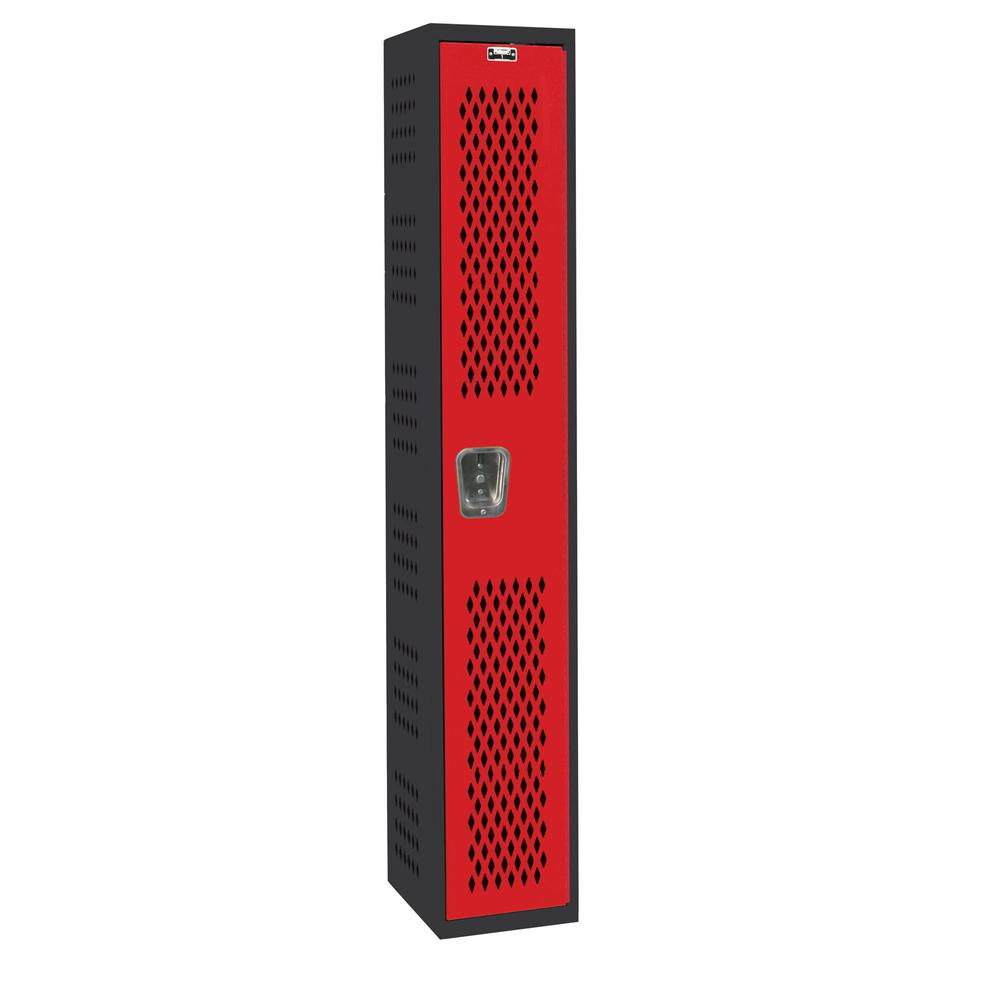 PE / Gym Locker, 12"W x 18"D x 72"H, 708 Midnight Ebony Body and 721 Relay Red Doors, Single Tier, 1-Wide, All-Welded. Picture 1