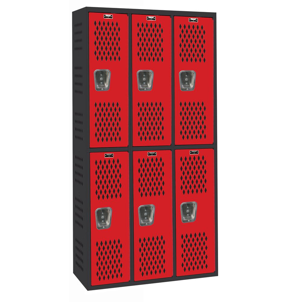 PE / Gym Locker, 36"W x 18"D x 72"H, 708 Midnight Ebony Body and 721 Relay Red Doors, Double Tier, 3-Wide, All-Welded. Picture 1