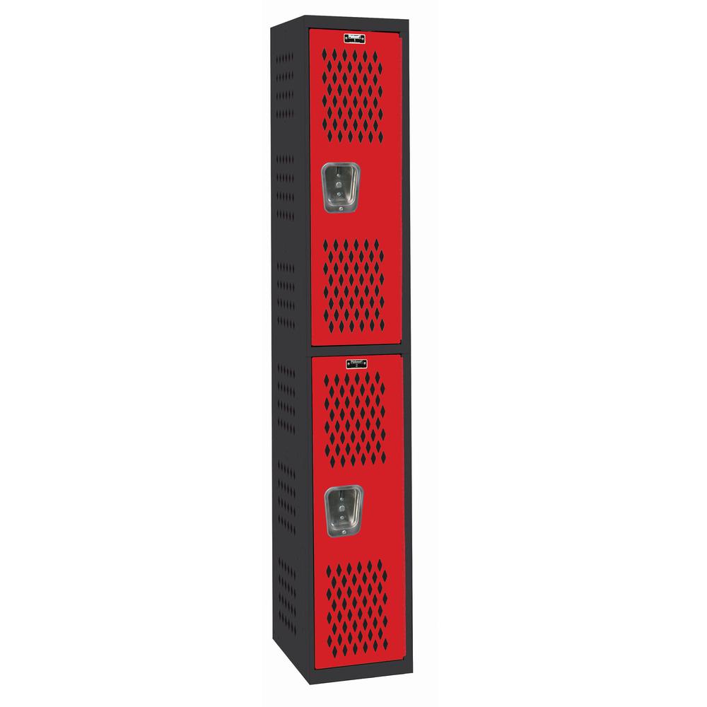 PE / Gym Locker, 12"W x 18"D x 72"H, 708 Midnight Ebony Body and 721 Relay Red Doors, Double Tier, 1-Wide, All-Welded. Picture 1