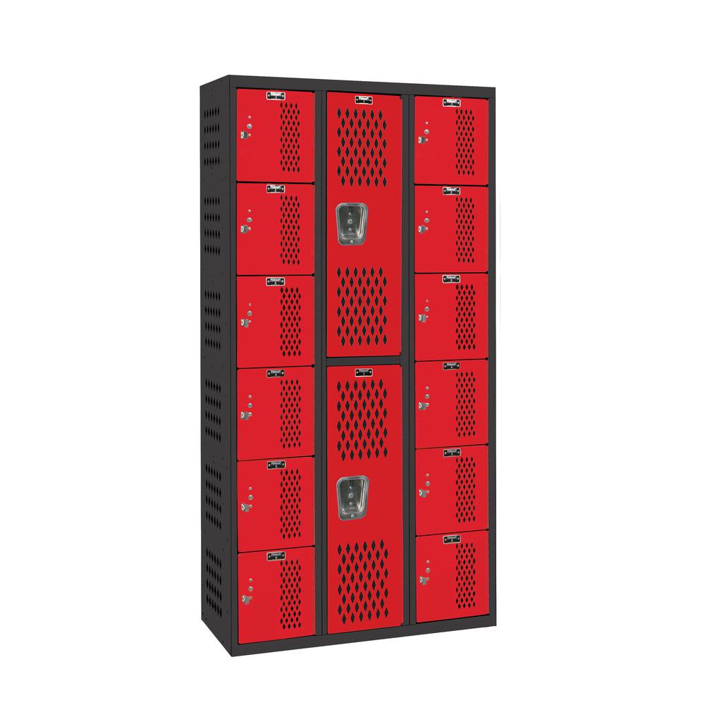 PE / Gym Locker, 36"W x 18"D x 72"H, 708 Midnight Ebony Body and 721 Relay Red Doors, Six Tier / Double Tier / Six Tier, 3-Wide, All-Welded. Picture 1