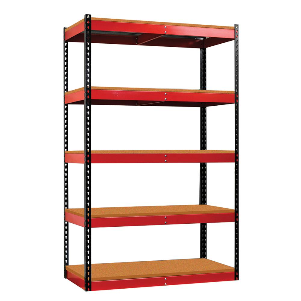 Fort Knox Rivetwell Shelving Unit with Particle Board Deck, 36"W x 24"D x 78"H, Black Posts, Red Beams (textured), 5 Levels, Starter, Knock-Down. Picture 1