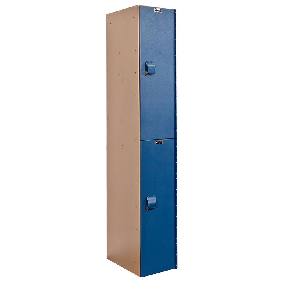 AquaMax Plastic Locker, 12"W x 18"D x 72"H, Taupe Body and Deep Blue Doors, Double Tier, 1-Wide, Assembled. Picture 1