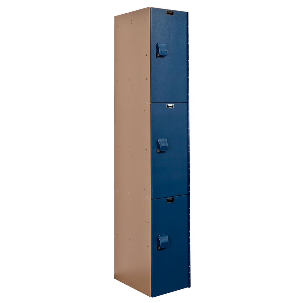 AquaMax Plastic Locker, 12"W x 18"D x 72"H, Taupe Body and Deep Blue Doors, Triple Tier, 1-Wide, Assembled. Picture 1
