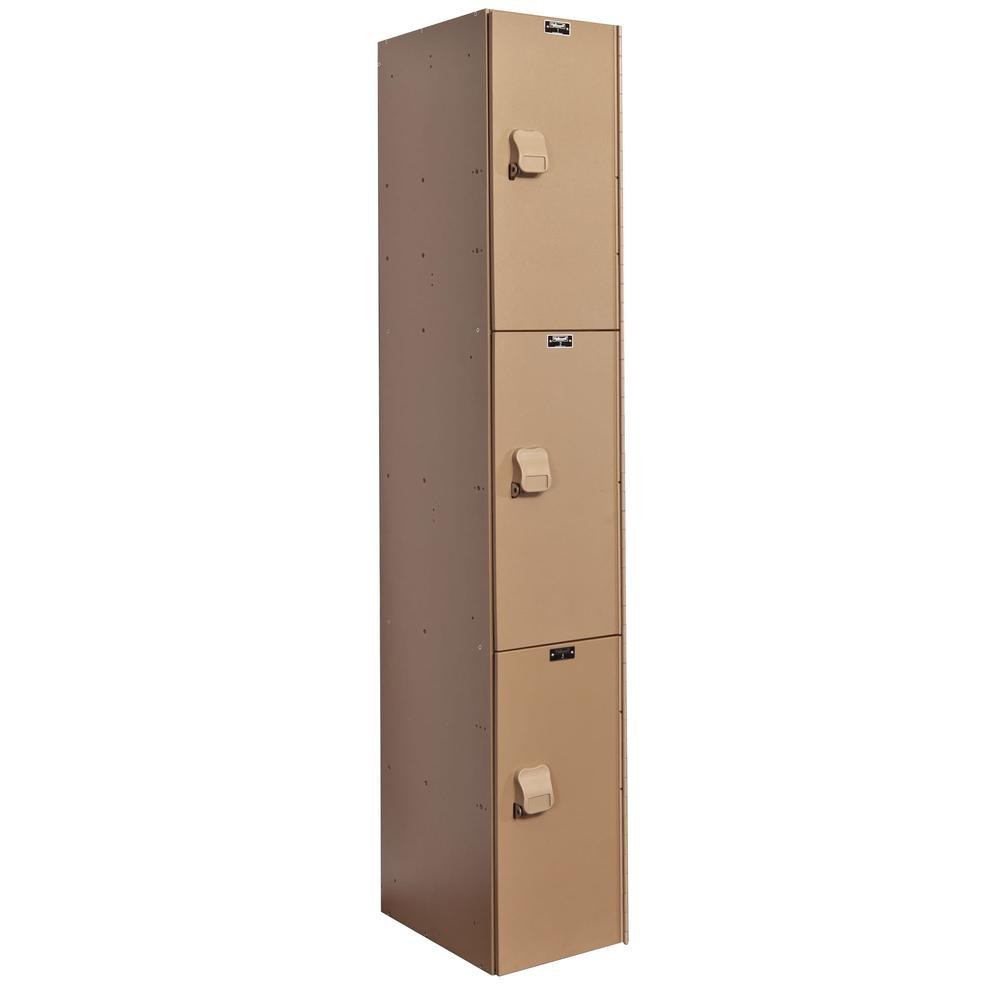 AquaMax Plastic Locker, 12"W x 18"D x 72"H, Taupe Body and Doors, Triple Tier, 1-Wide, Assembled. Picture 1