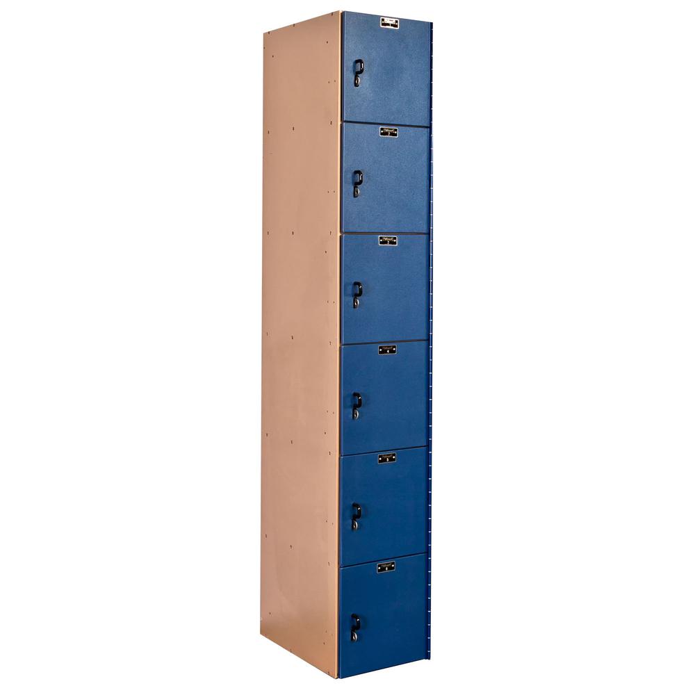 AquaMax Plastic Locker, 12"W x 18"D x 72"H, Taupe Body and Deep Blue Doors, Six Tier, 1-Wide, Assembled. Picture 1