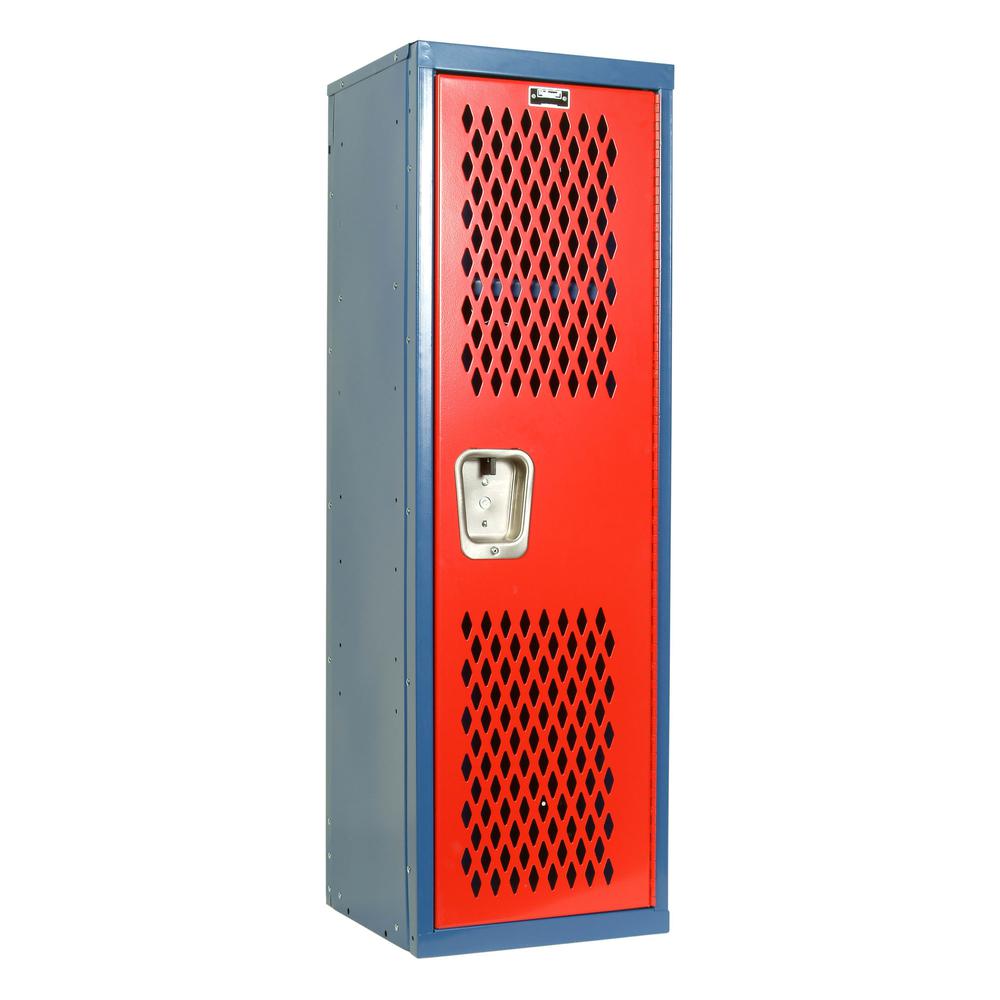 Hallowell Home Team Locker, 15"W x 15"D x 48"H, Blue Body / Red Door, Single Tier, 1-Wide, Knock-Down. Picture 2