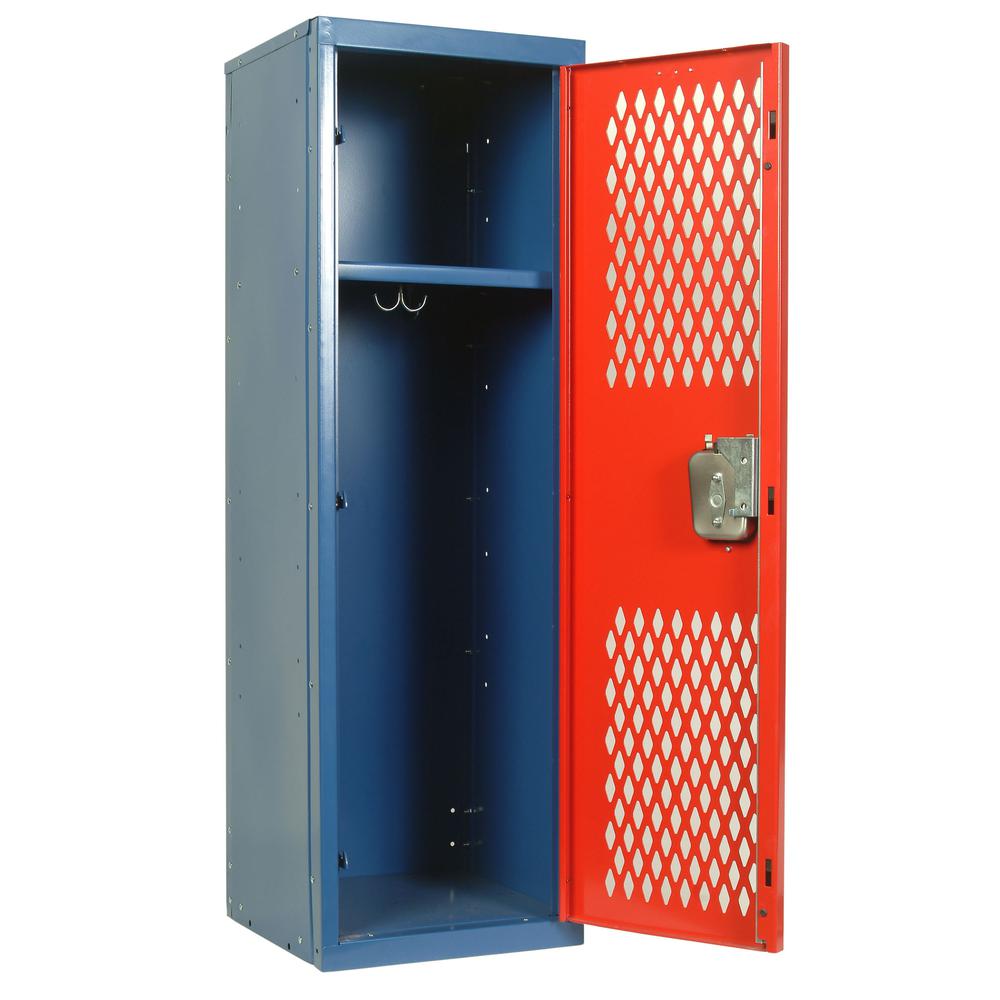 Hallowell Home Team Locker, 15"W x 15"D x 48"H, Blue Body / Red Door, Single Tier, 1-Wide, Knock-Down. Picture 1