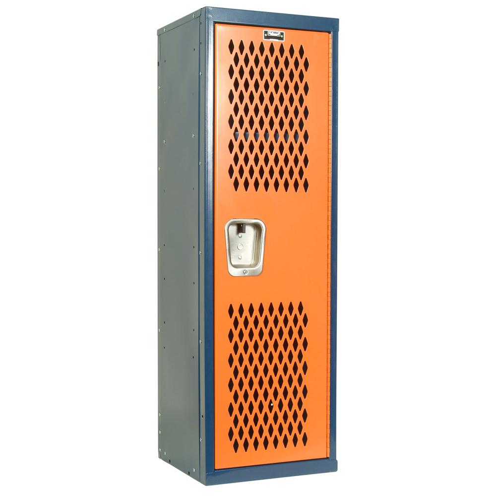 Hallowell Home Team Locker, 15"W x 15"D x 48"H, Dark Blue Body / Orange Door, Single Tier, 1-Wide, Knock-Down. Picture 2