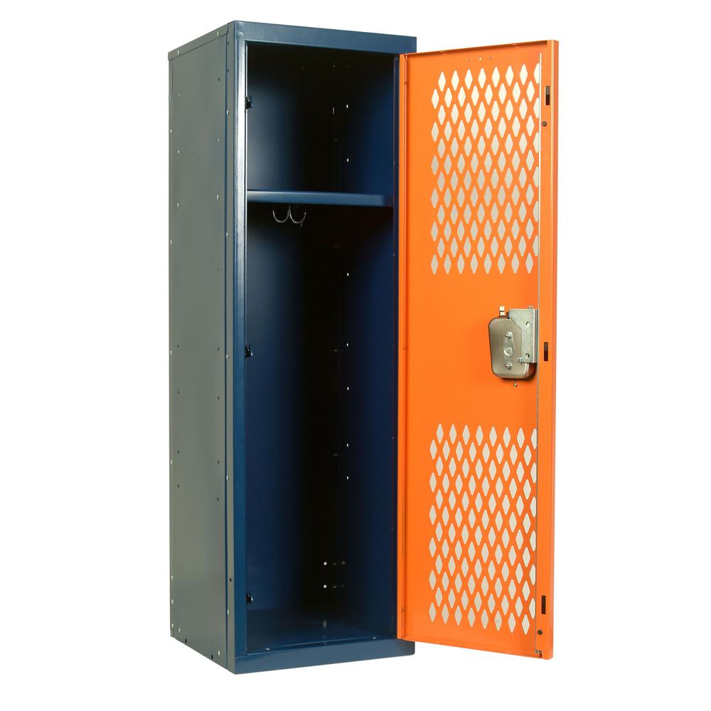 Hallowell Home Team Locker, 15"W x 15"D x 48"H, Dark Blue Body / Orange Door, Single Tier, 1-Wide, Knock-Down. Picture 1