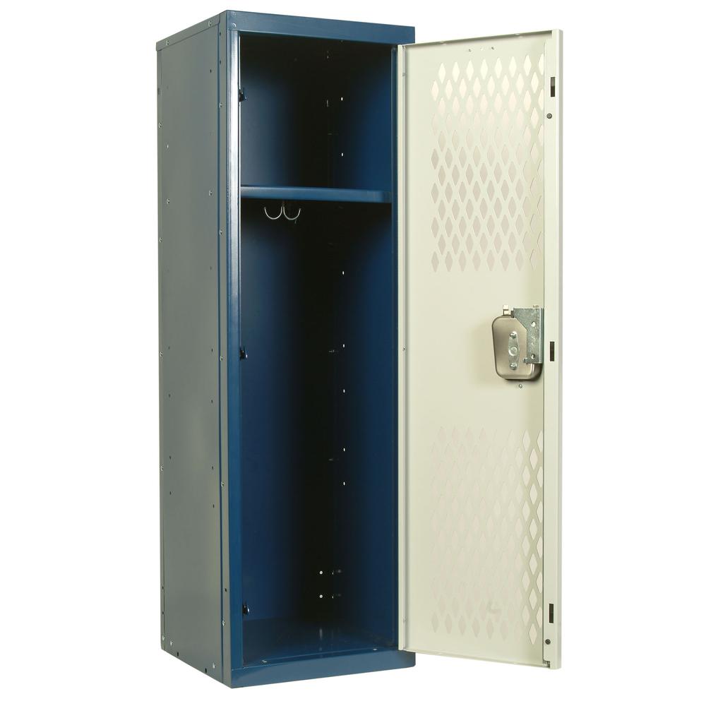 Hallowell Home Team Locker, 15"W x 15"D x 48"H, Dark Blue Body / Light Gray Door, Single Tier, 1-Wide, Knock-Down. Picture 1