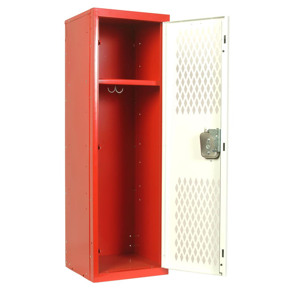 Hallowell Home Team Locker, 15"W x 15"D x 48"H, Red Body / White Door, Single Tier, 1-Wide, Knock-Down. Picture 1