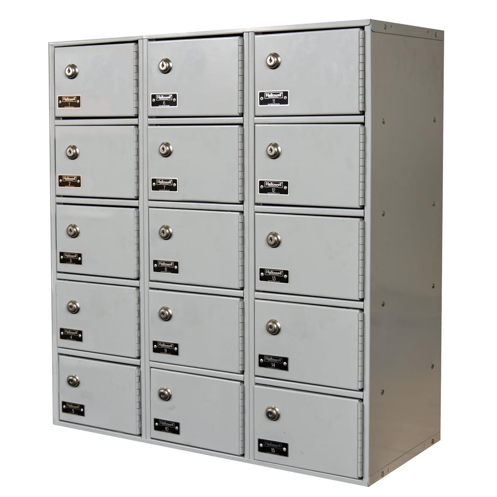 Hallowell Cell Phone/Tablet Locker, 27"W x 12"D x 30-1/2"H, 711 Light Gray, 5-Tier, 3-Wide, Assembled. Picture 1